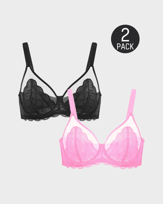 SheCurve®Full Coverage Lace Minimizer Bra - Mermaid Black+Pink (2 PACK）