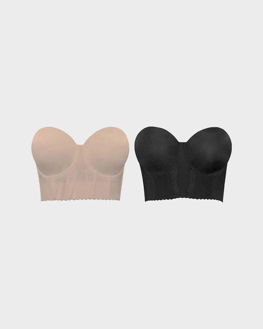 SheCurve® STRAPLESS LONGLINE BUSTIER BRA-2PC(BLACK+NUDE)