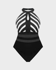 Striped Halter Neck Mesh Insert One-Piece Swimsuit