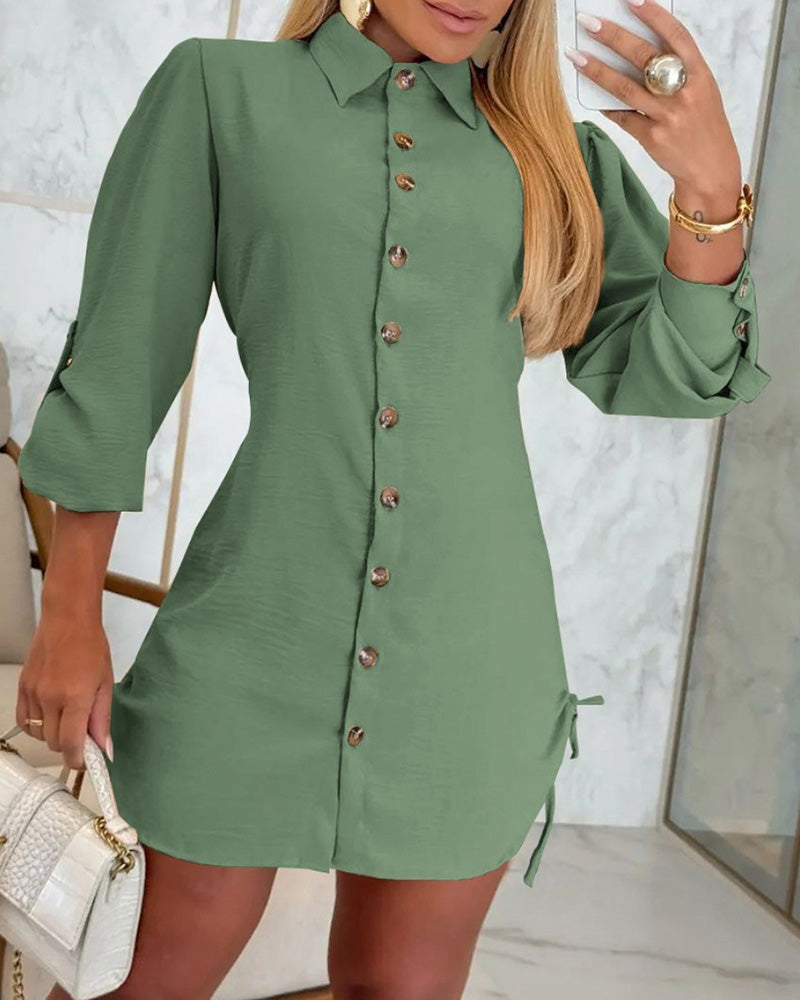 SheCurve®Long Sleeve Button Down Drawstring Shirt Dress