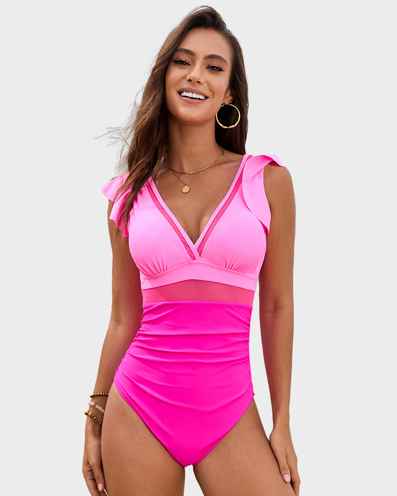 Deep V Ruffled Sleeve Mesh Panel Ruched Swimsuit