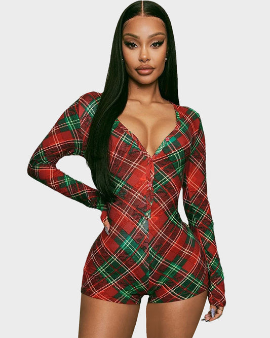 Christmas Plaid Long Sleeve Deep V Button Front Romper