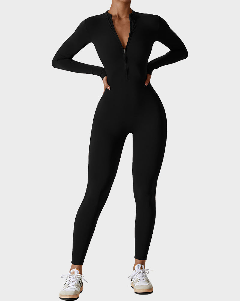 Lightweight Zipper Front Fitted Workout Jumpsuit