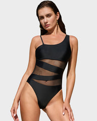 One Shoulder Mesh Insert High Cut One-Piece Swimsuit