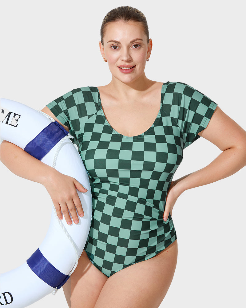 Check Short Sleeve Modest One Piece Swimsuit