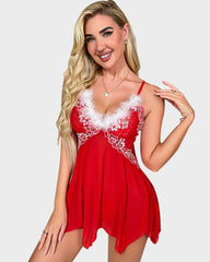 Christmas Mesh Lace Trim Sexy Nightgown