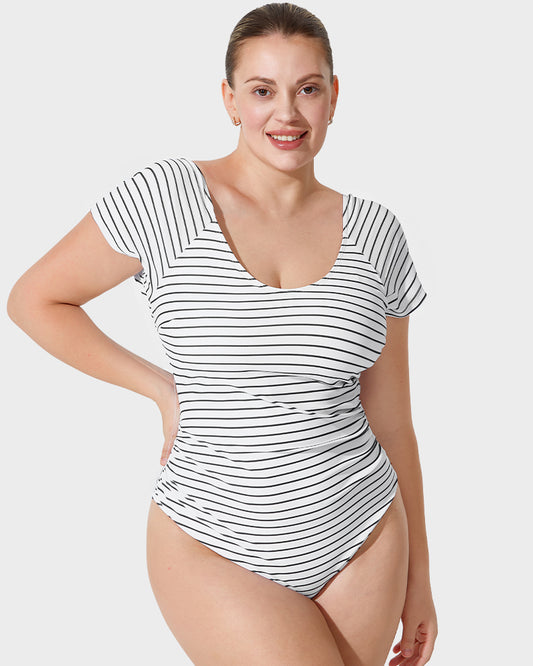 Scoop Neck Short Sleeve Stripes Modest One-Piece Swimsuit