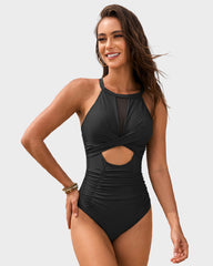 Round Neck Cut-Out Mesh Panel Ruched Swimsuit