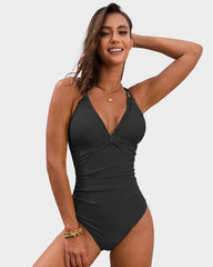 V-Neck Hollow Trim Cross-Back One-Piece Swimsuit