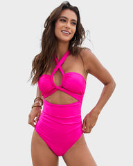 Halter Neck Cut-Out  Ruched One Piece Swimsuit