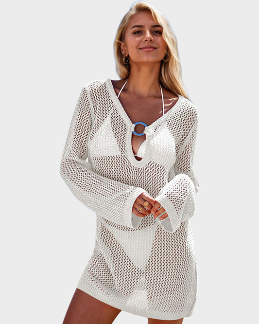 Deep Plunge Long Sleeve Beach Crochet Cover Up Dress