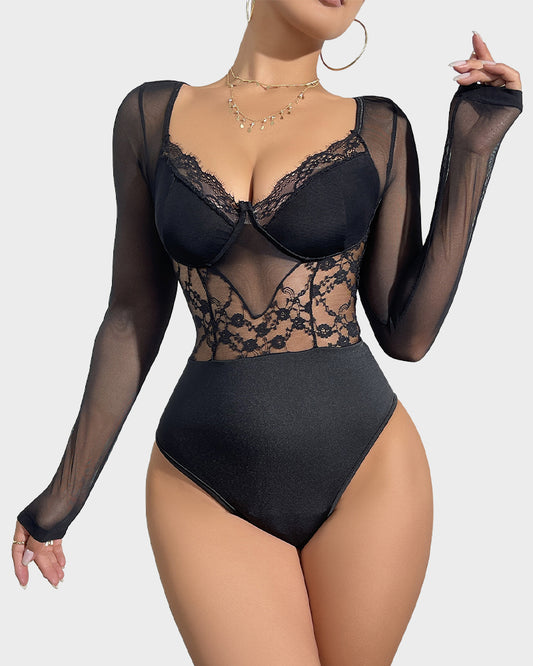 V-Neck Long Sleeve Lace Sheer Mesh Sculpting Bodysuit