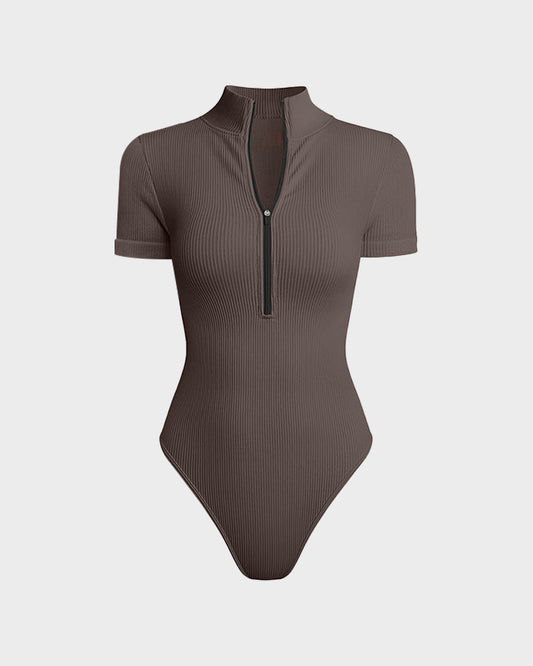 Ribbed Short Sleeve Half-Zip Sculpting Bodysuit