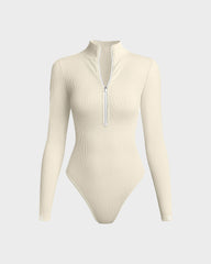 Ribbed Long Sleeve Half-Zip Shaping Bodysuit