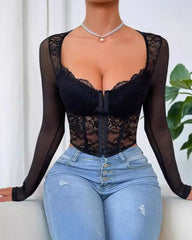 V-Neck Sheer Lace Mesh Front Closure Long Sleeve Top