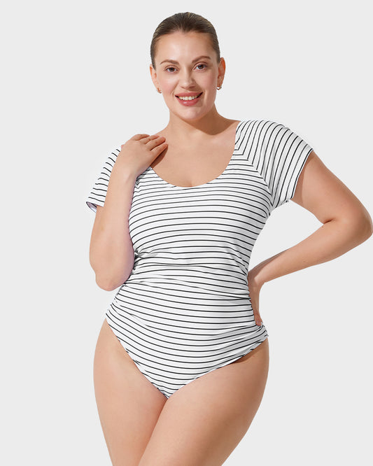 Scoop Neck Short Sleeve Stripes Modest One-Piece Swimsuit