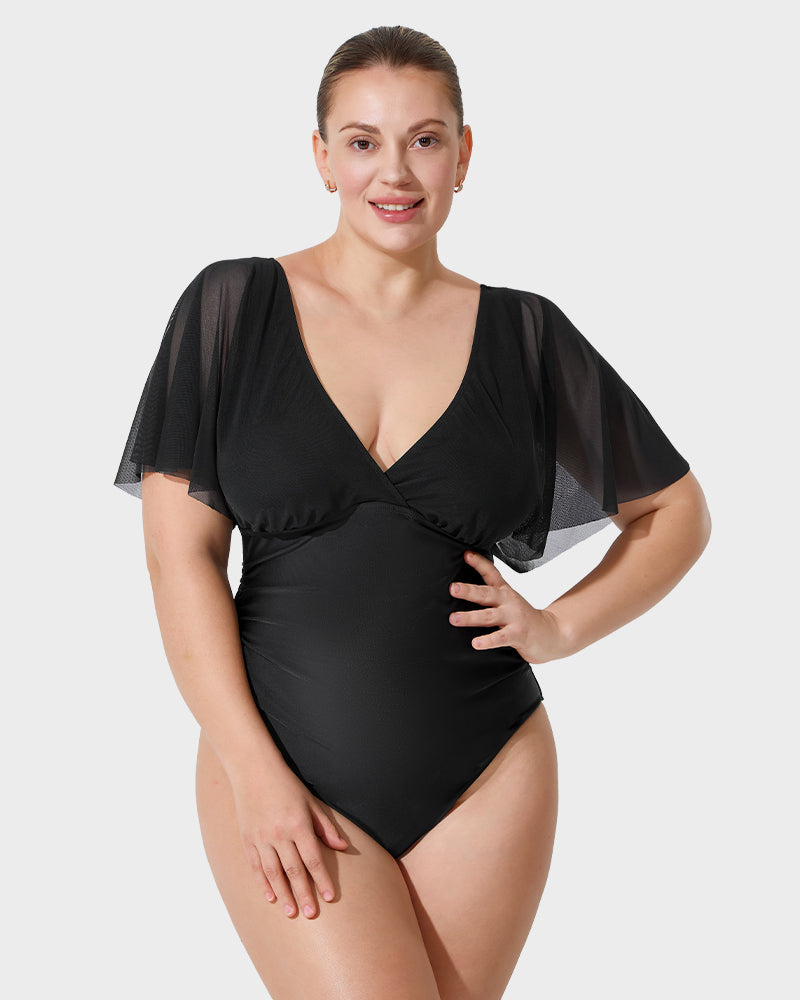 Deep V Mesh Ruffle Sleeve One-Piece Swimsuit