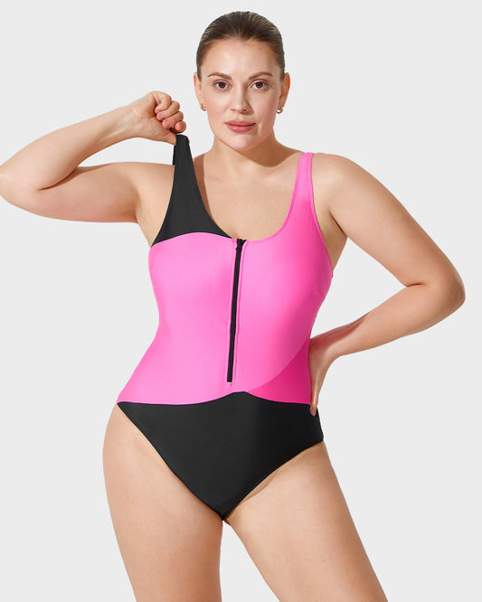 Trendy Color-Blocked Front Zip Tank Swimsuit