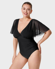 Deep V Mesh Ruffle Sleeve One-Piece Swimsuit