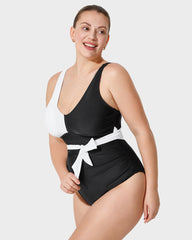 Color-Blocked Belted One-Piece Swimsuit