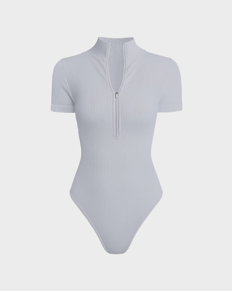 Ribbed Short Sleeve Half-Zip Sculpting Bodysuit