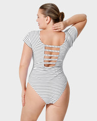 Scoop Neck Short Sleeve Stripes Modest One-Piece Swimsuit