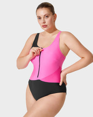 Trendy Color-Blocked Front Zip Tank Swimsuit