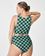 Green Checkered Knot Crop Top Bikini Set with Shorts (3-Piece Set)