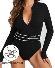 Ribbed Long Sleeve Half-Zip Shaping Bodysuit