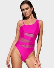 One Shoulder Mesh High Cut One-Piece Swimsuit