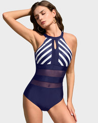 Striped Halter Neck Mesh Insert One-Piece Swimsuit