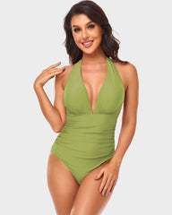 Halter Neck Deep V Ruched One-Piece Swimsuit