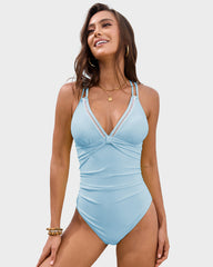 V-Neck Hollow Trim Knotted One-Piece Swimsuit