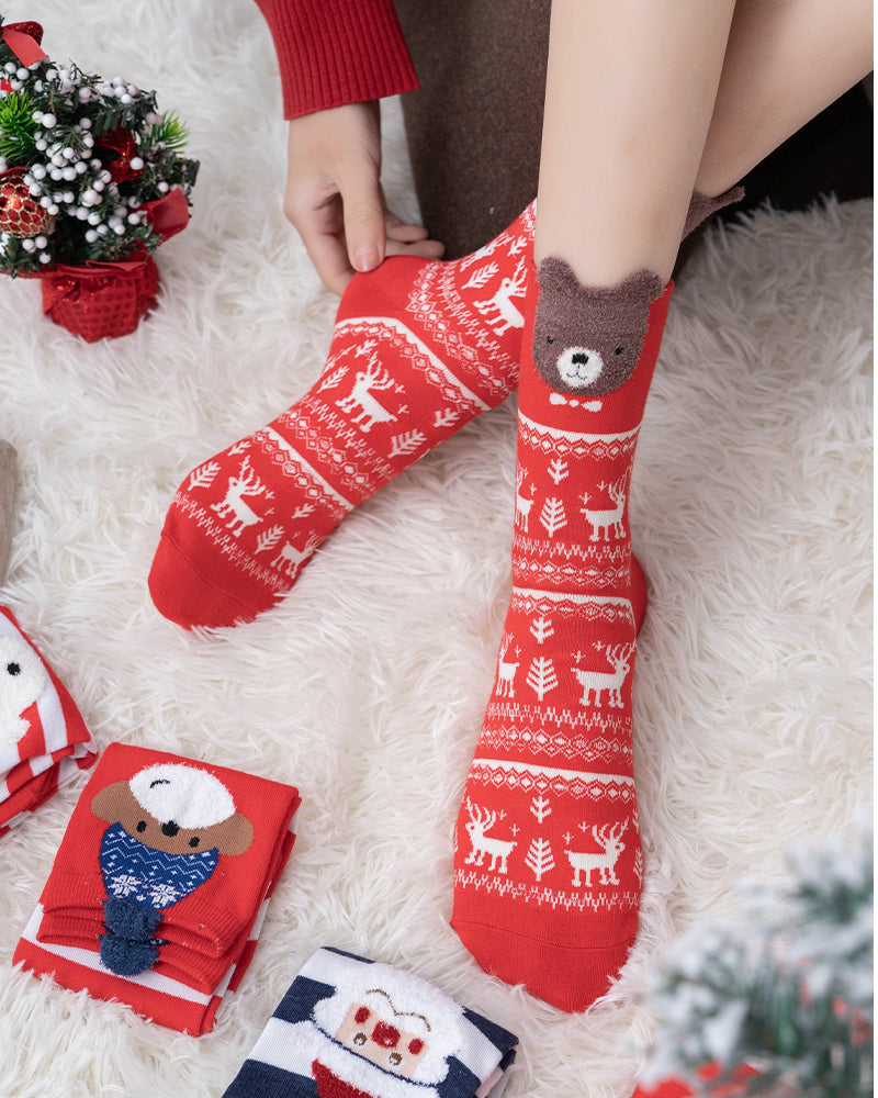 Christmas Cartoon Animal Print Comfort Socks (4 Pack)