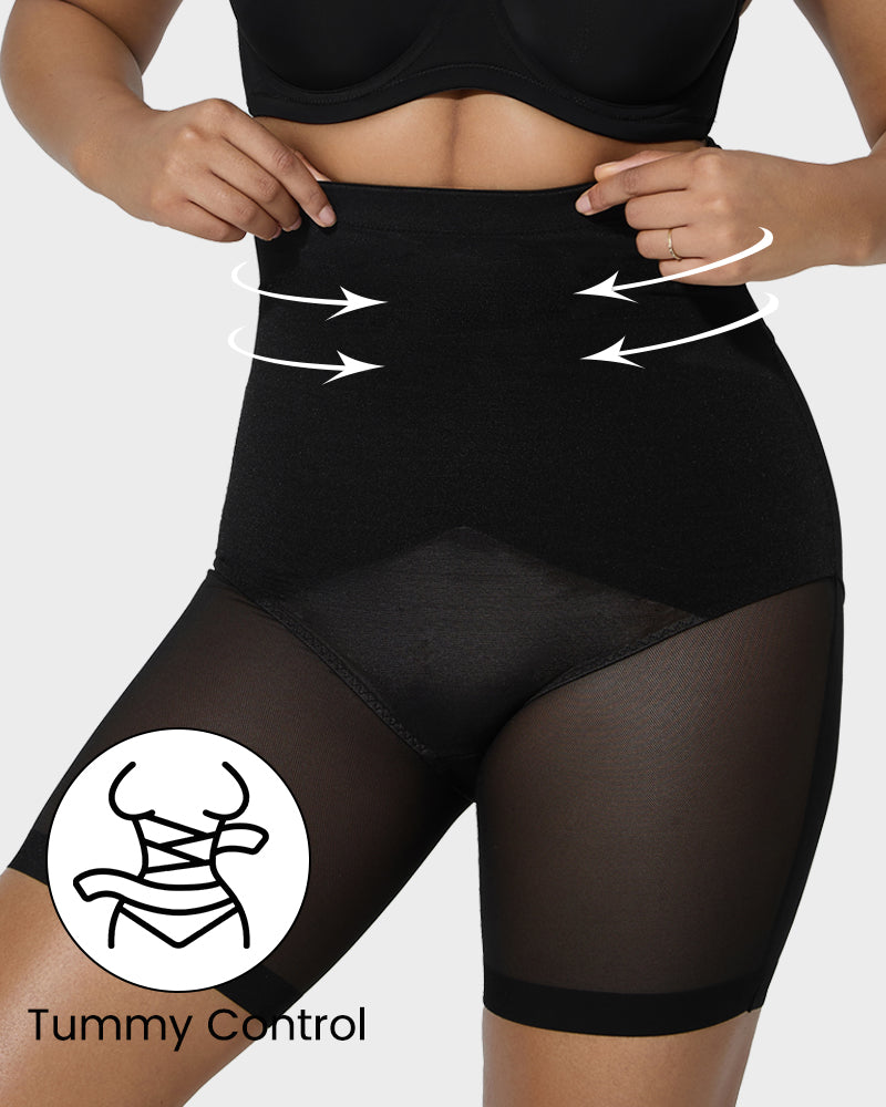 High Waist Criss-Cross Mesh Shaping Mid-Thigh Shorts