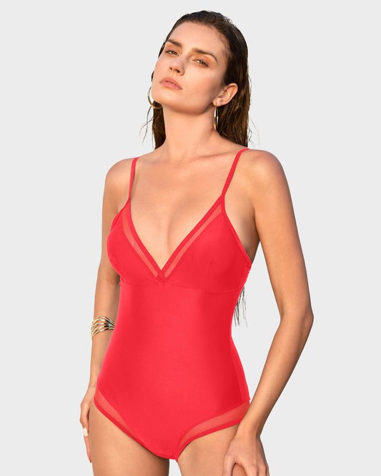 Deep V Mesh Insert Lace-Up Sculpting Swimsuit