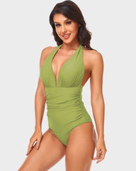 Halter Neck Deep V Ruched One-Piece Swimsuit