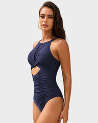 Round Neck Cut-Out Mesh Panel Ruched Swimsuit