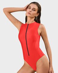 Zip Front High Neck Lace-Up Back Sculpting Swimsuit