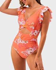 Ruffle Sleeve Cut-Out Ruched One-Piece Swimsuit