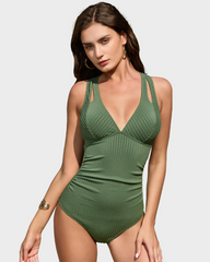 Ribbed Deep V Cross Back Tie One-Piece Swimsuit