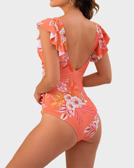 Ruffle Sleeve Cut-Out Ruched One-Piece Swimsuit