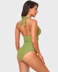 Halter Neck Deep V Ruched One-Piece Swimsuit