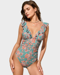 Deep V Ruffled Lace-Up Floral Print Swimsuit