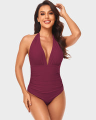 Halter Neck Deep V Ruched One-Piece Swimsuit