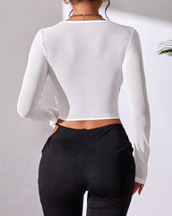 V-Neck Sheer Lace Mesh Front Closure Long Sleeve Top