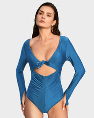 Long Sleeve Front Tie Swimsuit with Built-In Shapewear