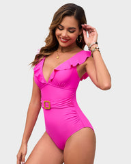 Deep V Ruffled Sleeve Belted Ruched Swimsuit