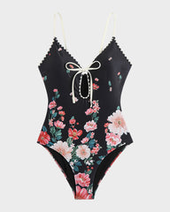 Deep V Bow Tie Floral Printed Swimsuit