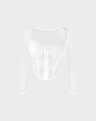 V-Neck Sheer Lace Mesh Front Closure Long Sleeve Top